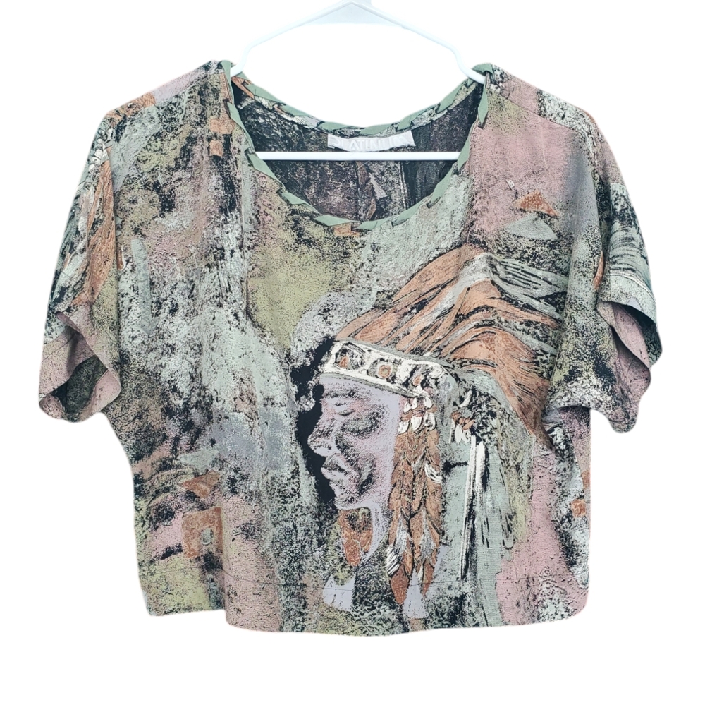 Vintage 90s Crop Top Native American Print Neutral L Funky